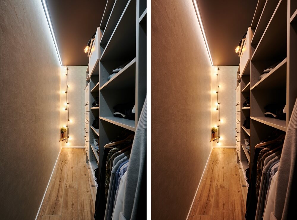 Plameco spanplafond: inloopkast met donker spanplafond en perfect biodynamisch licht