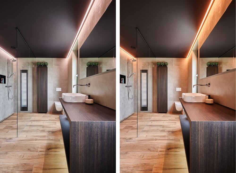 Plameco spanplafond: badkamer met zwart spanplafond met geïntegreerde dimbare ledverlichting en biodynamisch licht.