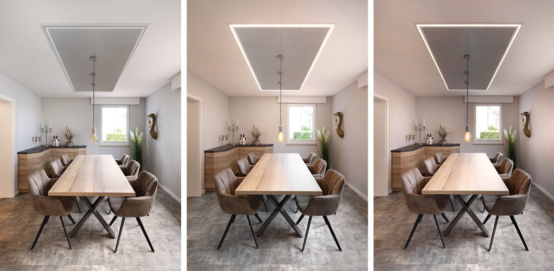 moderne minimalistische eetkamer spanplafond plameco plafondaccent ledverlichting dimbaar