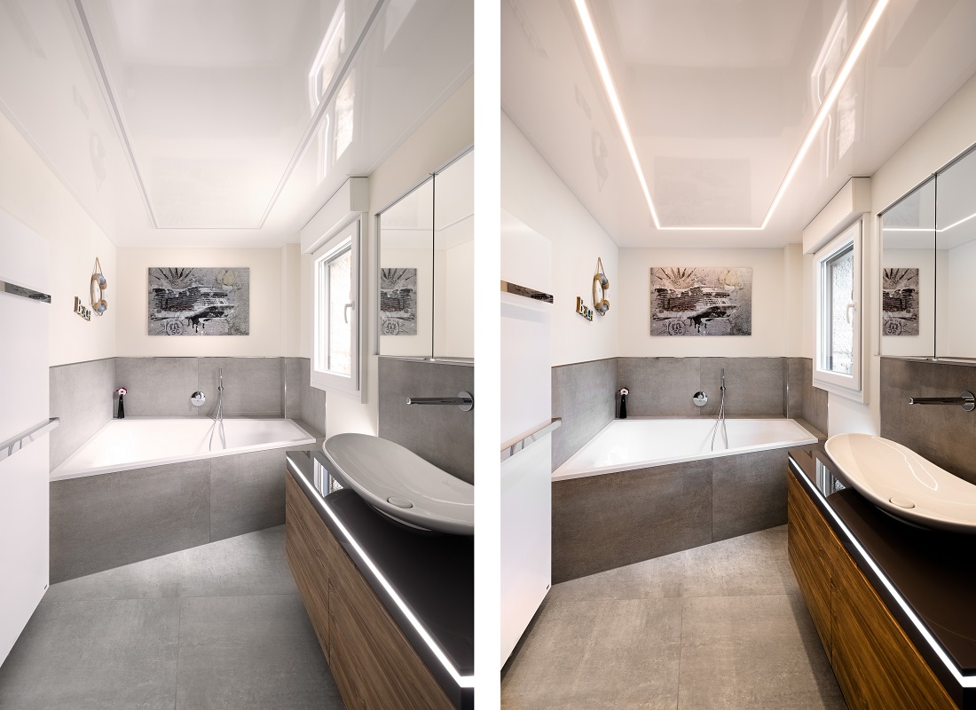 >Plameco spanplafonds: badkamer met LED-strip verlichting