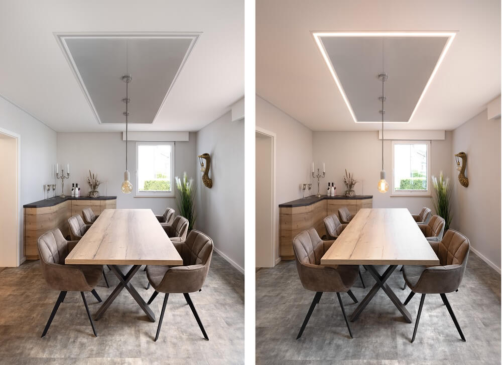 Plameco spanplafond: mat wit spanplafond met lichtgrijs plafondelement boven de eettafel en dimbare ledverlichting voor gezellige maaltijden.